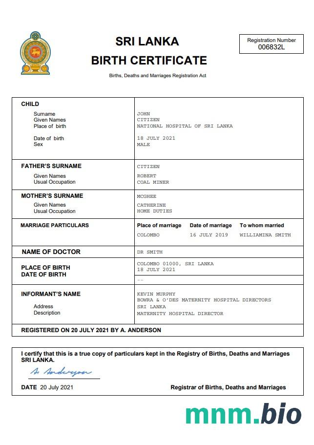 Sri Lanka rekord życiowy narodziny certyfikat Word i PDF szablon